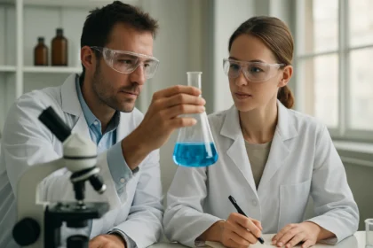 Két kutató laboratóriumban kémiai kísérletet végez