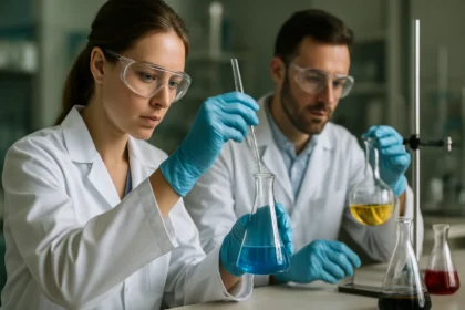 Két vegyész szódabikarbóna kémiai tulajdonságait kutatja laboratóriumban.