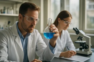 Két tudós laboratóriumi környezetben kémiai kísérleteken dolgozik.