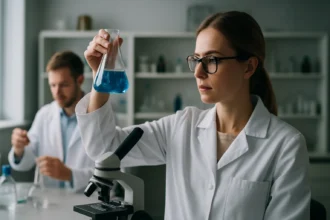 Kémikus laboratóriumban, kék folyadékkal teli lombikot tart a kezében.