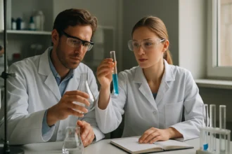 Két fiatal tudós kémiai kísérletek közben, laboratóriumban.