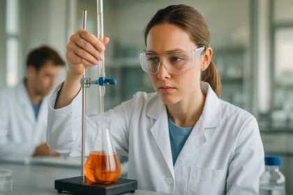 Kutatás laboratóriumban, női tudós szorbitán-monooleáttal dolgozik