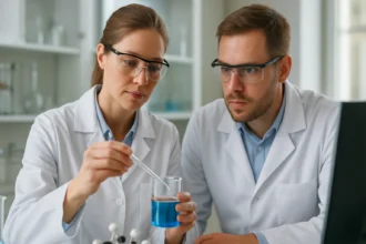 Két kutató laboratóriumban szorbitán-trisztearátot vizsgálva.