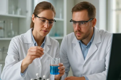 Két kutató laboratóriumban szorbitán-trisztearátot vizsgálva.