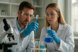 Két tudós laboratóriumban szorbitol kémiai elemzése közben