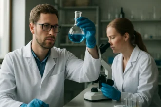 Két kémikus laboratóriumban, szorpció kísérletet végrehajtva.