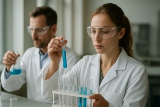 Laboratóriumi kísérlet tudósokkal, kék oldatokkal és kémcsövekkel.