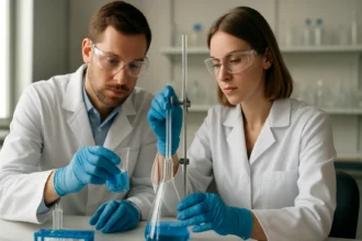 Két kutató szerves ónvegyületek vizsgálatát végzi laboratóriumban.