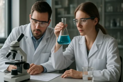 Két tudós laboratóriumi kísérletet végez, kémiai vegyületeket vizsgálva.