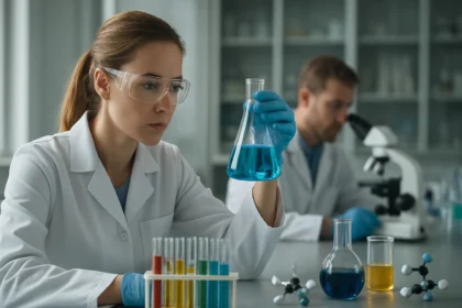 Kémiai kísérlet során az üveg edényben lévő kék folyadékot vizsgálja egy kutató.