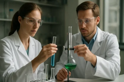 Két kutató laboratóriumban végzi a kísérleteit, sztannitokra fókuszálva.