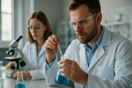 Két tudós kémiai kísérletet végez laboratóriumban.