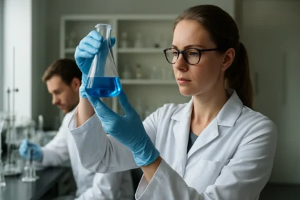 Kutatók laborban műanyag kémcsőben kék oldatot vizsgálnak.
