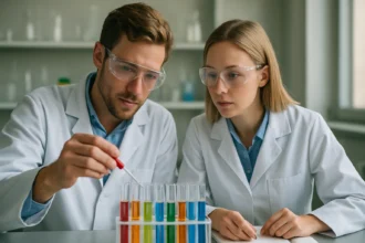 Két tudós laboratóriumban, sztearil-alkohollal kapcsolatos kísérletet végeznek.