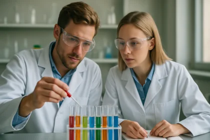 Két tudós laboratóriumban, sztearil-alkohollal kapcsolatos kísérletet végeznek.