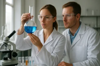 Két kutató laboratóriumi környezetben, különböző kémiai anyagokkal dolgozik.