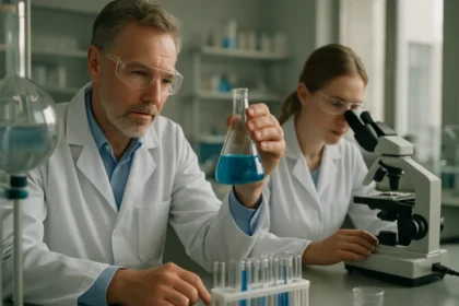 Két kutató laboratóriumban sztearinsavat vizsgál.