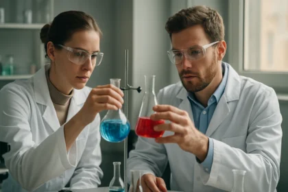 Két kutató sztereo centrumokkal kapcsolatos kémiai kísérletet végez