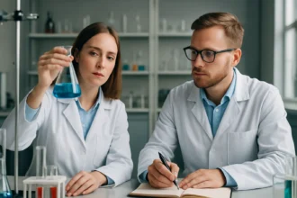 Két vegyész laboratóriumban kék oldatot vizsgál.