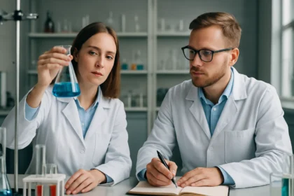 Két vegyész laboratóriumban kék oldatot vizsgál.