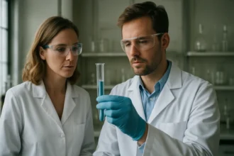 Két kémikus a sztereoizoméria vizsgálata közben egy laborban.