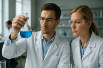 Két kutató a laboratóriumban kémiai folyadékot vizsgálva.