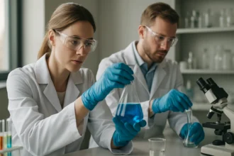 Két kutató laboratóriumban, kémiai kísérleteket végeznek.