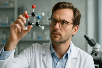 Kémikus sztereoszelektív molekula vizsgálata laboratóriumban.