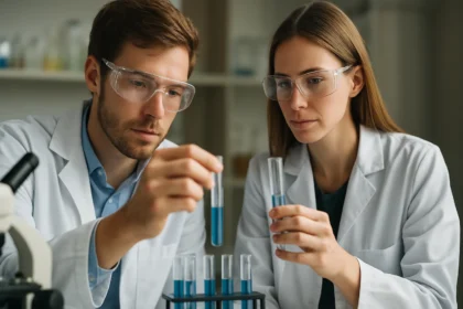 Két kutató laboratóriumban kémiai reakciót vizsgál.