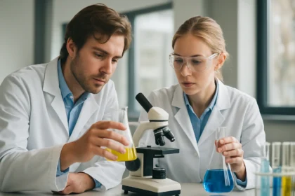 Két tudós laboratóriumban, sztirol kémiai elemzéssel.