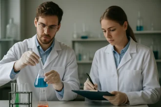 Két kutató laboratóriumban elemzi a sztrichnin hatásait.