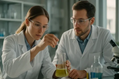 Két vegyész laboratóriumban kísérletezik szublimációval és anyagokkal.