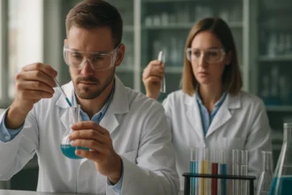 Kémiai kísérlet szubsztantív festékekkel laboratóriumban.