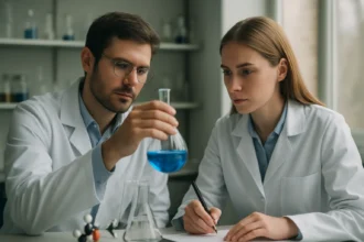 Két kutató szubsztitúciós reakciót vizsgál laboratóriumban.