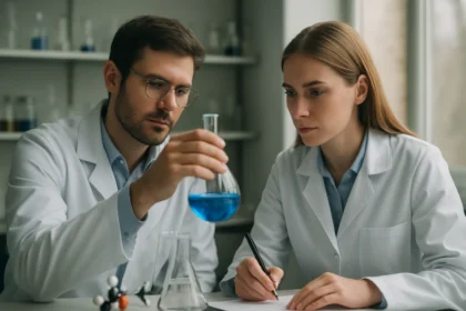 Két kutató szubsztitúciós reakciót vizsgál laboratóriumban.