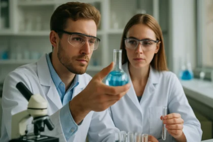 Két tudós laboratóriumi kísérlettel foglalkozik, mischmetall kutatása.