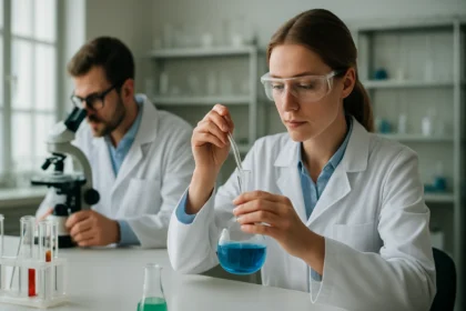 Két laboratóriumi szakember kémiai kísérlet közben