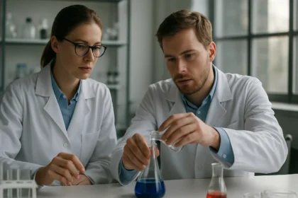 Két kutató laboratóriumban, kémiai reakciót végrehajtva.