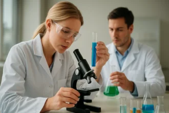 Kémiai kísérlet szulfitos karamell tanulmányozására laboratóriumban.