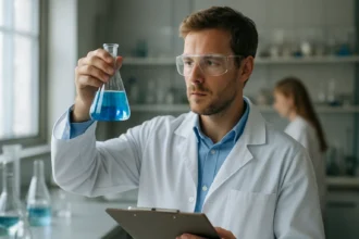 Kémikus szulfonsavakat vizsgál a laborban kék oldattal