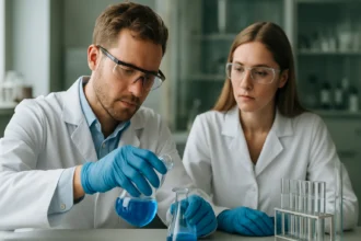 Kutatók szupersavakkal végzett kémiai kísérletet végeznek laboratóriumban.