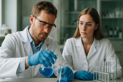 Kutatók szupersavakkal végzett kémiai kísérletet végeznek laboratóriumban.