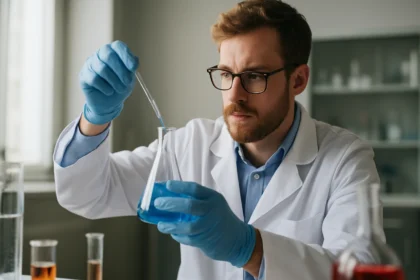 Laboratóriumi kísérletet végző kémikus szupramolekuláris kémia témában