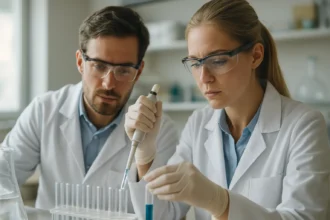 Két tudós laboratóriumi kísérletet végez szurokszénnel kapcsolatban