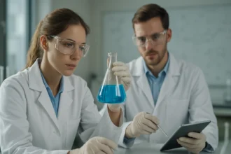 Két tudós laboratóriumban, kémiai kísérletezés közben.