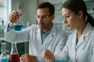 Két tudós kémiai reakciót vizsgál a laboratóriumban.