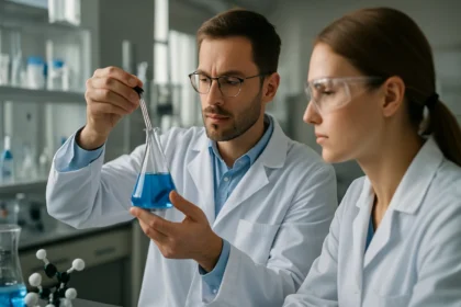 Két kutató laboratóriumban, szürke huminsavaktól inspirálva.