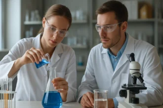 Két tudós mészoltással foglalkozik a laboratóriumban.