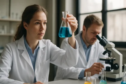 Két kutató laboratóriumban, az egyik kék folyadékot vizsgál.