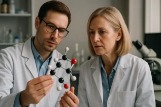 Két tudós együtt dolgozik molekulamodellekkel a laboratóriumban.